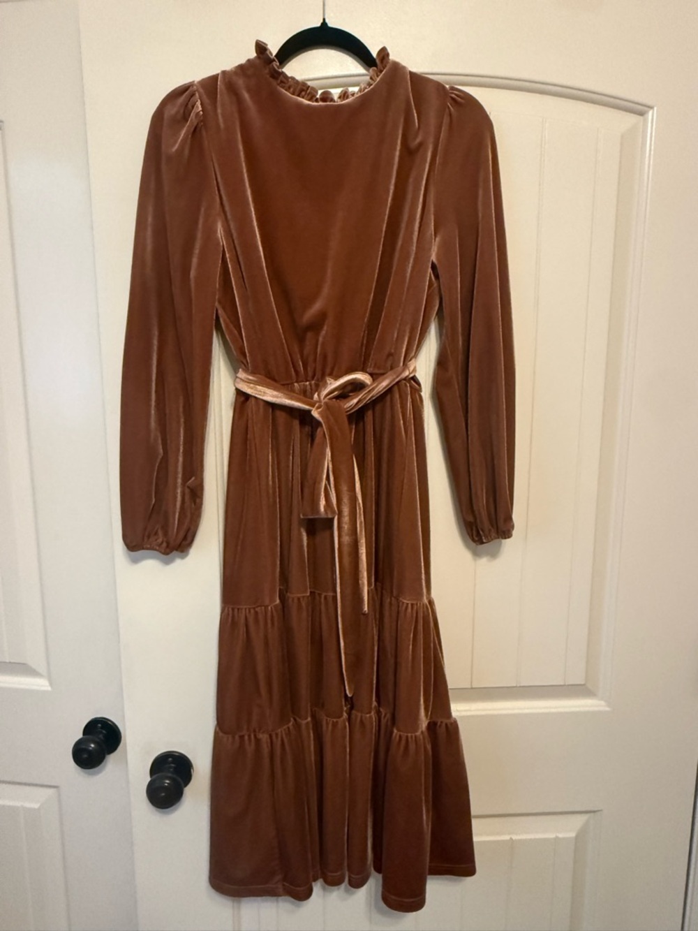 bohme Velvet Long Sleeve Tiered Dress in Rust Brown